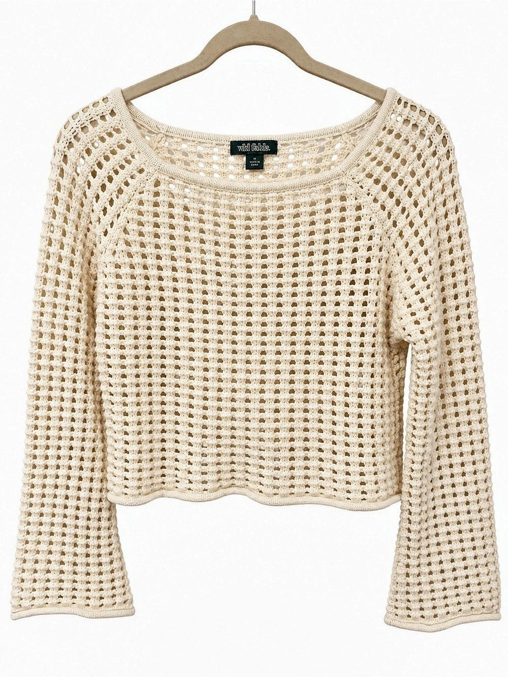 Wild Fable Cream Crochet Open Knit Cropped Sweater Boho Long Sleeve Size M